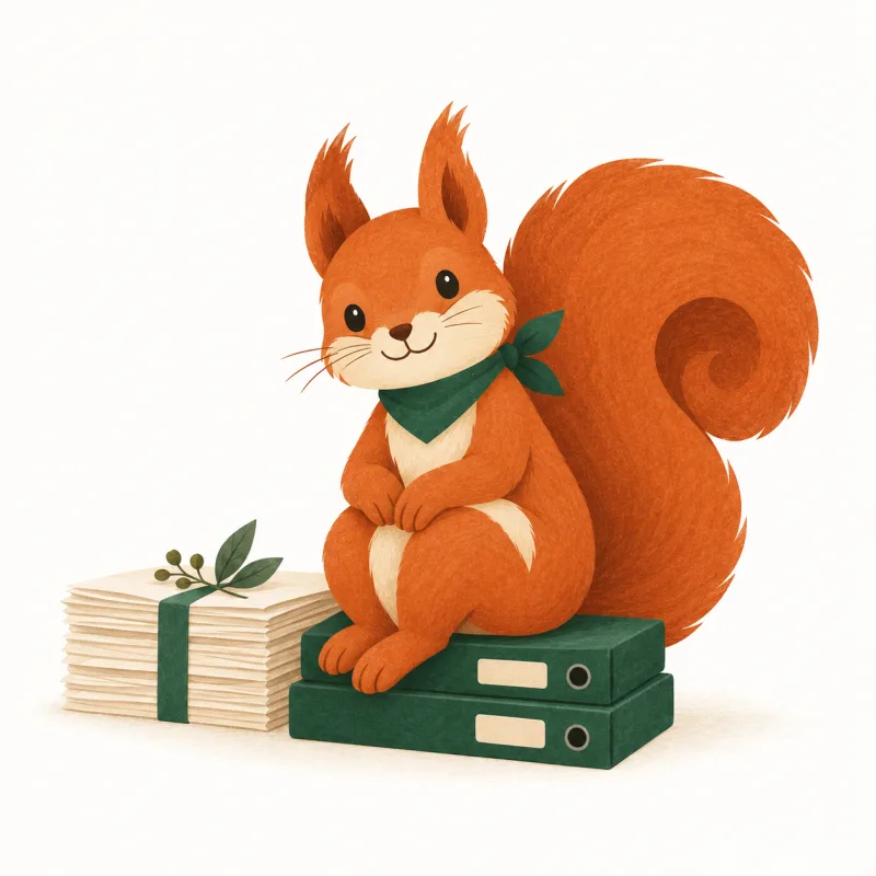 Kiko relaxes on two green folders beside a neatly bundled stack of documents.