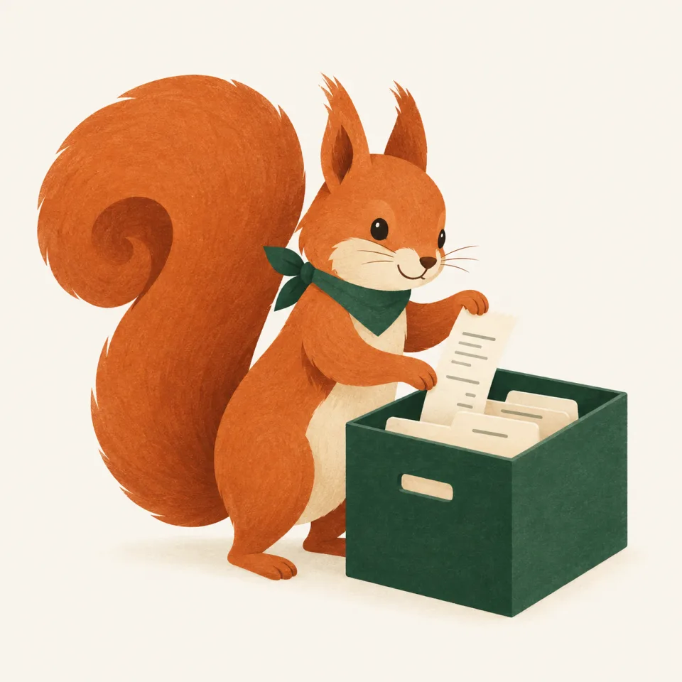 Kiko, an orange squirrel wearing a green neckerchief, puts a receipt into an organised filing box.